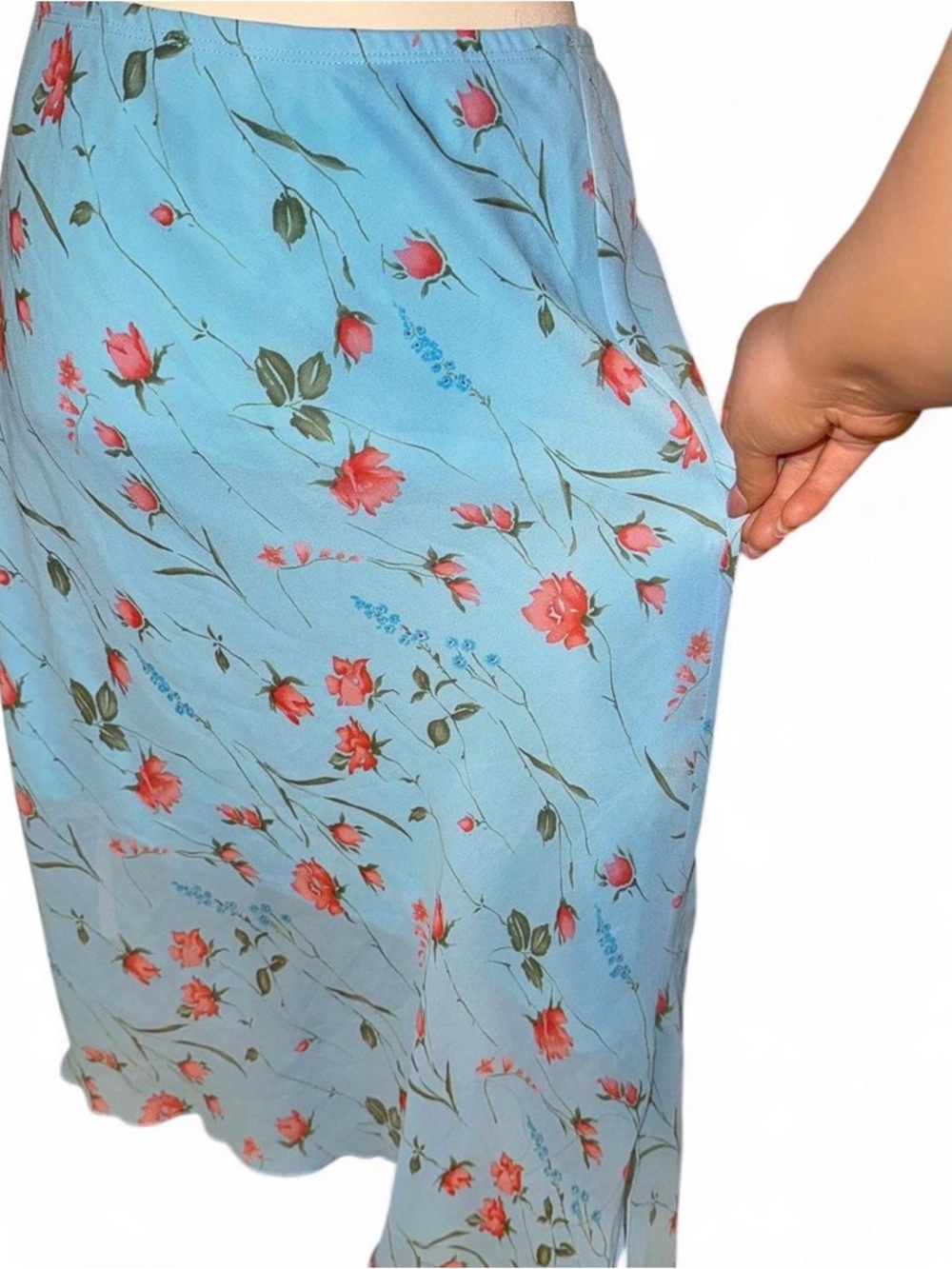Vintage 90s Blue floral asymmetrical flowy skirt with pink accents - Picture 9 of 10